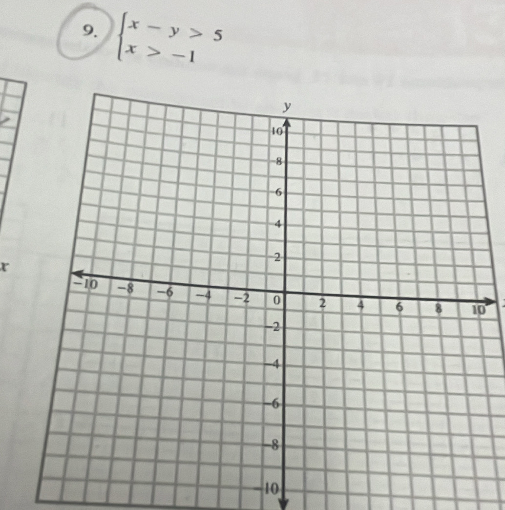 beginarrayl x-y>5 x>-1endarray.
r
0
-10