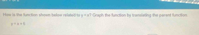 How is the function shown below related to y=x ? Graph the function by translating the parent function.
y=x+6