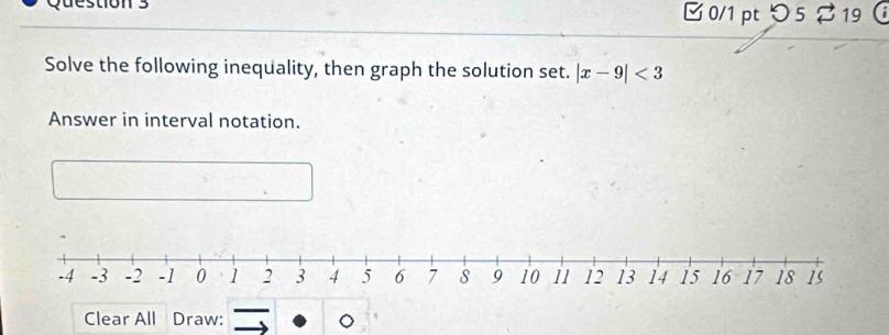 0/1 ptつ 5 % 19 
Solve the following inequality, then graph the solution set. |x-9|<3</tex> 
Answer in interval notation. 
Clear All Draw: