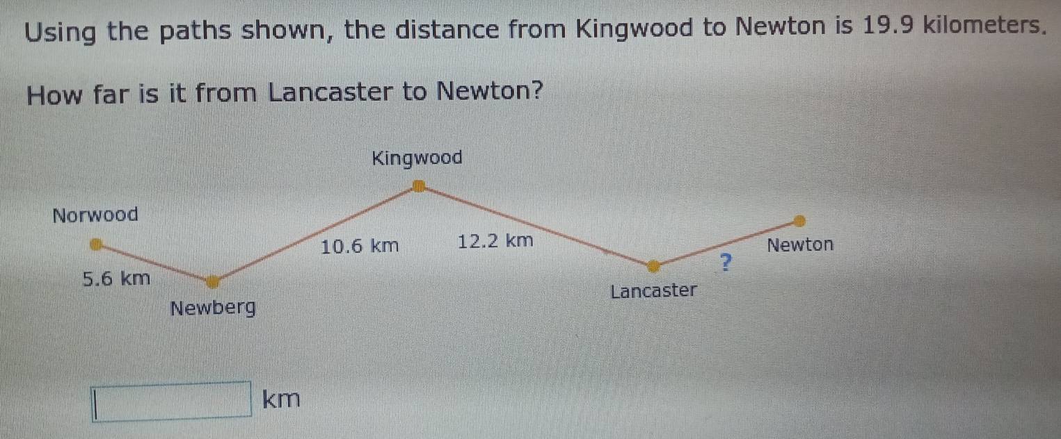 Using the paths shown, the distance from Kingwood to Newton is 19.9 kilometers. 
How far is it from Lancaster to Newton?
km