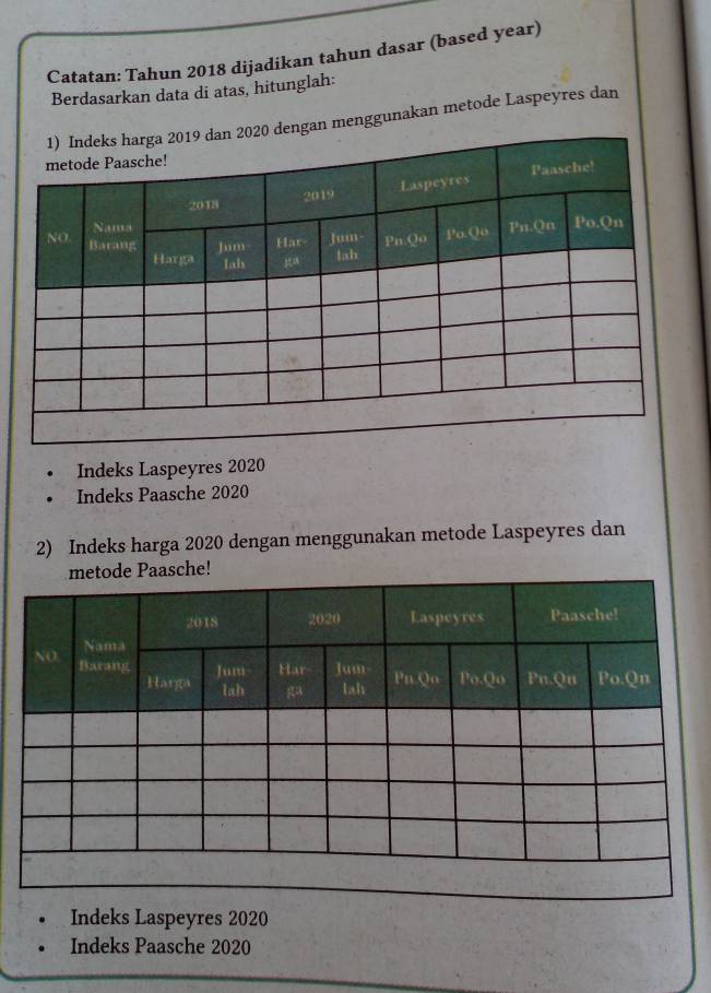 Catatan: Tahun 2018 dijadikan tahun dasar (based year) 
Berdasarkan data di atas, hitunglah: 
gan menggunakan metode Laspeyres dan 
Indeks Laspeyres 2020 
. Indeks Paasche 2020 
2) Indeks harga 2020 dengan menggunakan metode Laspeyres dan 
sche! 
Indeks Laspeyres 2020 
Indeks Paasche 2020