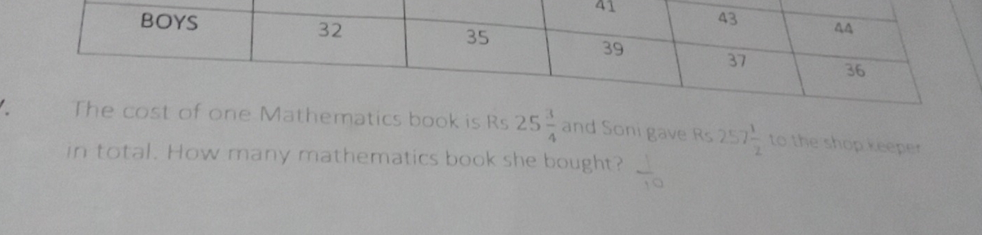 ematics book is Rs 25 3/4  and Soni gave Rs 257 1/2  to the shop keeper 
in total. How many mathematics book she bought? T