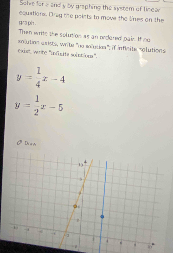 Solve for x and y by graphing the system of linear
equations. Drag the points to move the lines on the
graph.
Then write the solution as an ordered pair. If no
solution exists, write "no solution"; if infinite solutions
exist, write "infinite solutions".
y= 1/4 x-4
y= 1/2 x-5
Draw