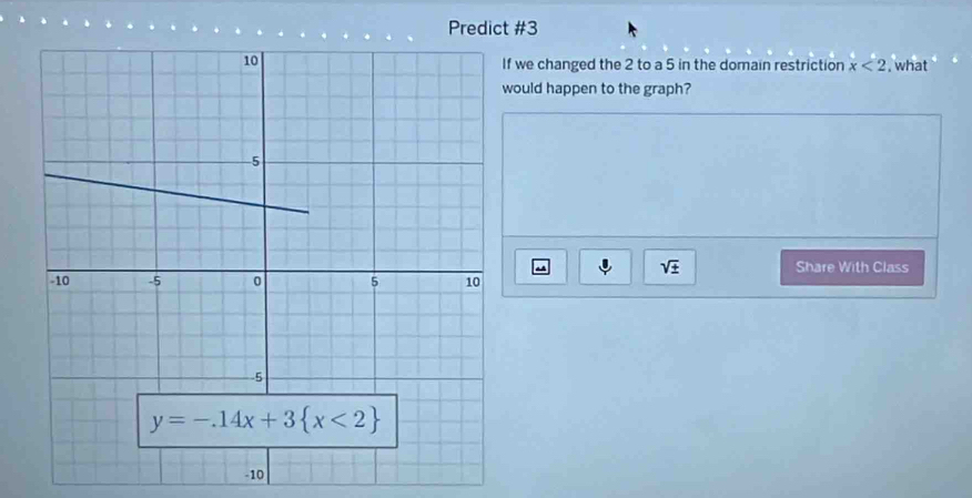 Predict #3
f we changed the 2 to a 5 in the domain restriction x<2</tex> , what
ould happen to the graph?
sqrt(± ) Share With Class
-10