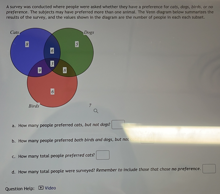 A survey was conducted where people were asked whether they have a preference for cats, dogs, birds, or no 
preference. The subjects may have preferred more than one animal. The Venn diagram below summarizes the 
results of the survey, and the values shown in the diagram are the number of people in each each subset. 
a. How many people preferred cats, but not dogs? □ 
b. How many people preferred both birds and dogs, but not 
c. How many total people preferred cats? □ 
d. How many total people were surveyed? Remember to include those that chose no preference. □ 
Question Help: Video