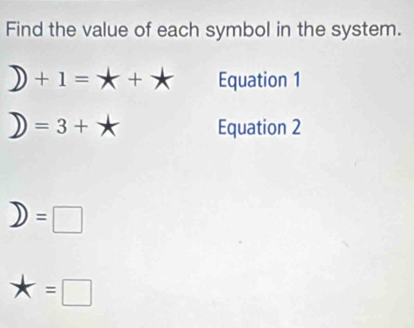 Find the value of each symbol in the system.
+1= = 5+ Equation 1
=3+ _ 1 
Equation 2
=□
=□