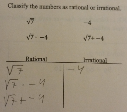 Classify the numbers as rational or irrational.
sqrt(7)
-4
sqrt(7)· -4
sqrt(7)+-4