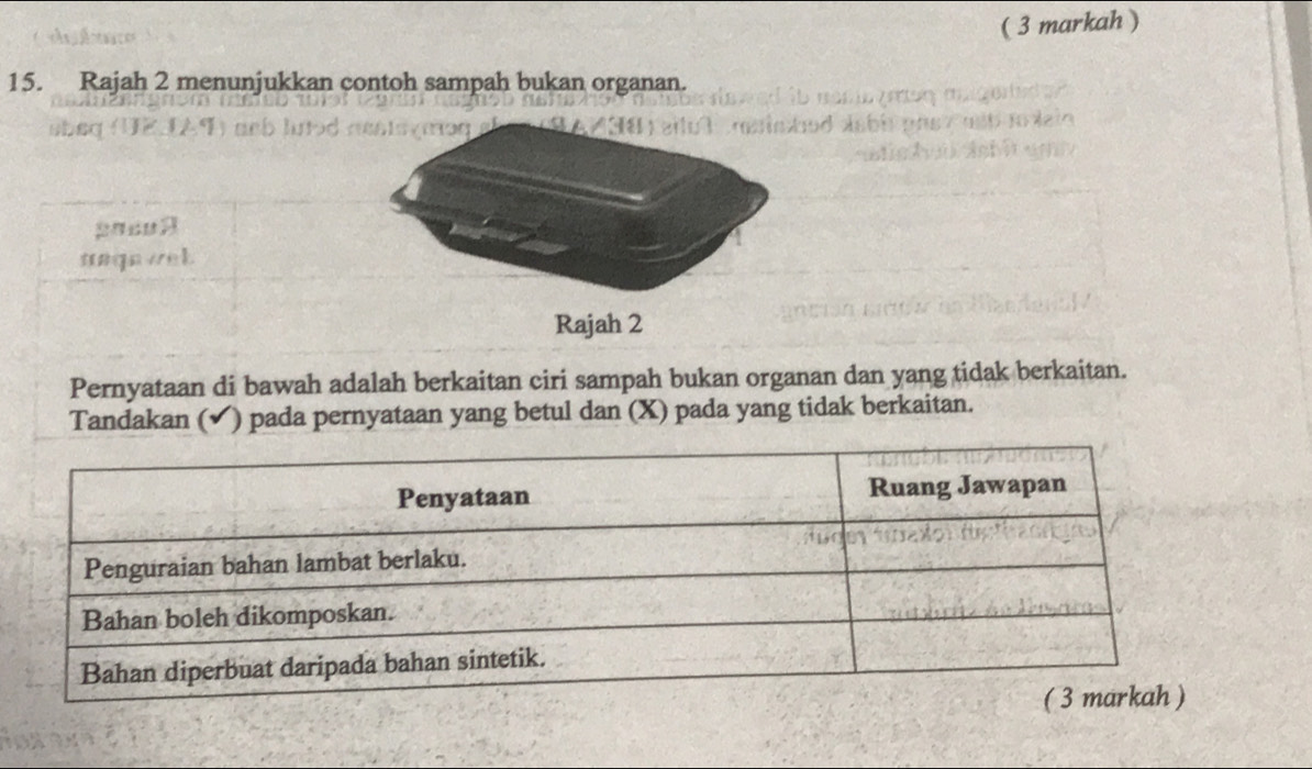 ( 3 markah ) 
15. Rajah 2 menunjukkan contoh sampah bukan organan. 
unga wet . 
Pernyataan di bawah adalah berkaitan ciri sampah bukan organan dan yang tidak berkaitan. 
Tandakan (✔) pada pernyataan yang betul dan (X) pada yang tidak berkaitan.