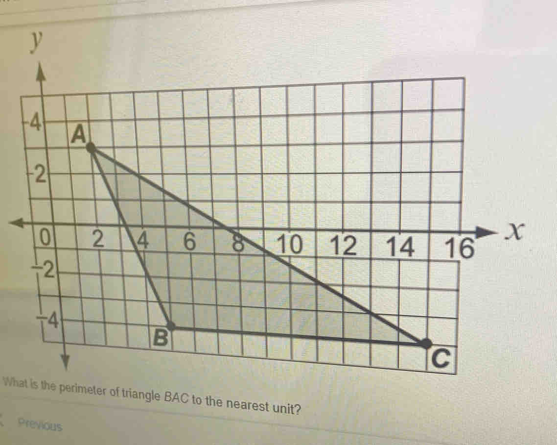 What is the perimeter of triangle BAC to the nearest unit? 
Previous