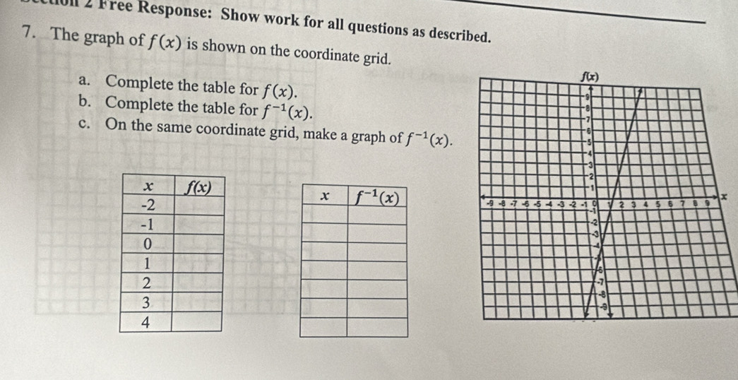 ll 2 Free Response: Show work for all questions as described.
7. The graph of f(x) is shown on the coordinate grid.
a. Complete the table for f(x).
b. Complete the table for f^(-1)(x).
c. On the same coordinate grid, make a graph of f^(-1)(x).
x