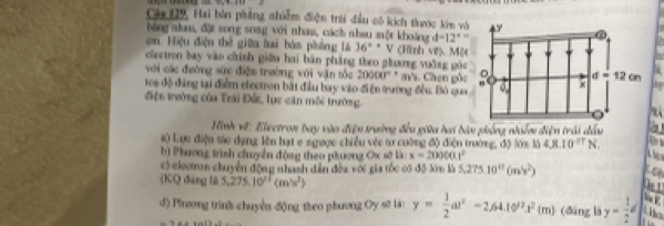 Cáa 129, Hai bản phẳng nhiễm điện trái đầu có kích tước kin và
háng nhau, đặt song song với nhau, cách nhau một khoảng d=12°=
on. Hiệu điện thể giữa hai bán phỏng là 36° V (lình ve) M(4
clectron bay vào chính giữa hai bàn pháng theo phương vuồng góc
với các đường sức điện trường với vận tốc 2000cr° ms. Câen gốc
toa độ đăng tại điểm electron bắt đầu bay vào điện trường đều. Bỏ qua
điện trưởng của Trái Đứ, lực căn môi trường.
Hình về: Electron bay vào điện trưởng đều giữa hai bản phống niễm điện trải đấu
#) Lực điện tác dạng lên hạt e sgược chiều véc tơ cường độ điện trường, độ lớm là 4.8.10^(-7)N.
b) Phương trình chuyển động theo phương Ox sở là: x=20000.1^2
c) electron chuyển động nhash dân đềa với gia tốc có độ lớn là 5,275.10^(11)(m/s^2)
(KQ đâng là 5,275.10^(21)(m^1x^2
đ) Pinương trình chuyển động theo phương Oy sẽ là: y= 1/2 at^2=2.64.10^2.x^2(m) (dāng là y= 1/2 d