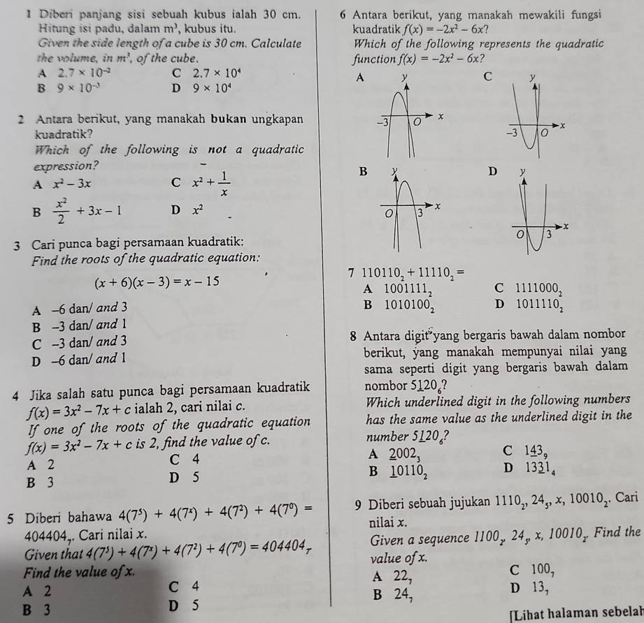 Diberi panjang sisi sebuah kubus ialah 30 cm. 6 Antara berikut, yang manakah mewakili fungsi
Hitung isi padu, dalam m^3 , kubus itu. kuadratik f(x)=-2x^2-6x
Given the side length of a cube is 30 cm. Calculate Which of the following represents the quadratic
the volume, in m^3 , of the cube. function f(x)=-2x^2-6x ?
A 2.7* 10^(-2) C 2.7* 10^4
AC
B 9* 10^(-3) D 9* 10^4
2 Antara berikut, yang manakah bukan ungkapan 
kuadratik? 
Which of the following is not a quadratic
expression?
B
A x^2-3x
C x^2+ 1/x 
D
B  x^2/2 +3x-1 D x^2
3 Cari punca bagi persamaan kuadratik:
Find the roots of the quadratic equation:
7 110110_2+11110_2=
(x+6)(x-3)=x-15
A 1001111_2 C 1111000_2
B
A -6 dan/ and 3 1010100_2 D 1011110_2
B -3 dan/ and 1
C -3 dan/ and 3 8 Antara digit yang bergaris bawah dalam nombor
D -6 dan/ and 1 berikut, yang manakah mempunyai nilai yang
sama seperti digit yang bergaris bawah dalam 
4 Jika salah satu punca bagi persamaan kuadratik nombor 5120₆?
f(x)=3x^2-7x+c ialah 2, cari nilai c. Which underlined digit in the following numbers
If one of the roots of the quadratic equation has the same value as the underlined digit in the
f(x)=3x^2-7x+c is 2, find the value of c. number 5 _ 1 ? C 143,
A _ 2002_3
A 2 C 4 D 1331。
B 3 D 5 B _ 10110_2
5 Diberi bahawa 4(7^5)+4(7^x)+4(7^2)+4(7^0)= 9 Diberi sebuah jujukan 1110_2,2 4,, x, 10010_2. Cari
404404,. Cari nilai x. nilai x.
Given that 4(7^5)+4(7^x)+4(7^2)+4(7^0)=404404_tau  Given a sequence 1100₂ 24₄, x, 10010₂. Find the
value of x.
Find the value of x. C 100_7
A 22_7
A 2 C 4 B 24, D 13,
B 3 D 5
Lihat halaman sebelah