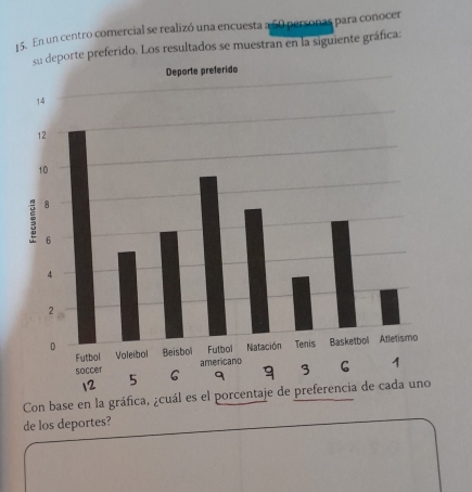 En un centro comercial se realizó una encuesta a 50 personas para conocer 
e preferido. Los resultados se muestran en la siguiente gráfica: 
Con base en la gráfica, ¿cuál es el porcentaje de preferencia de cada uno 
de los deportes?