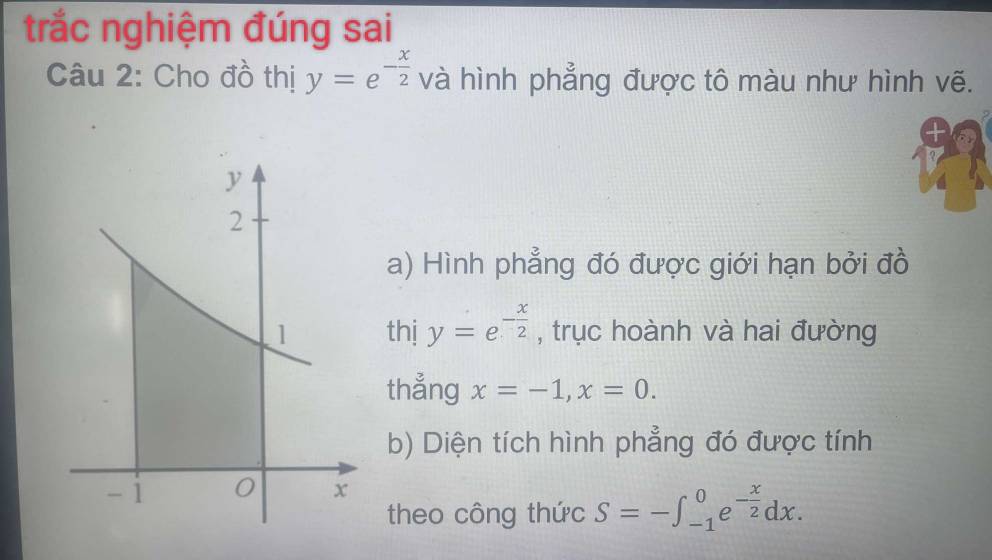 trắc nghiệm đúng sai 
Câu 2: Cho đồ thị y=e^(-frac x)2 và hình phẳng được tô màu như hình vẽ. 
a) Hình phẳng đó được giới hạn bởi đồ 
thị y=e^(-frac x)2 , trục hoành và hai đường 
thẳng x=-1, x=0. 
b) Diện tích hình phẳng đó được tính 
theo công thức S=-∈t _(-1)^0e^(-frac x)2dx.