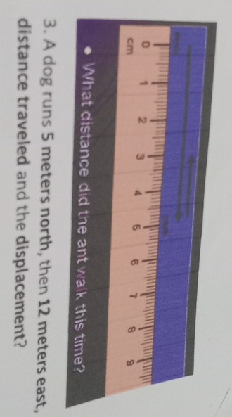 What distance did the ant walk this time? 
3. A dog runs 5 meters north, then 12 meters east, 
distance traveled and the displacement?