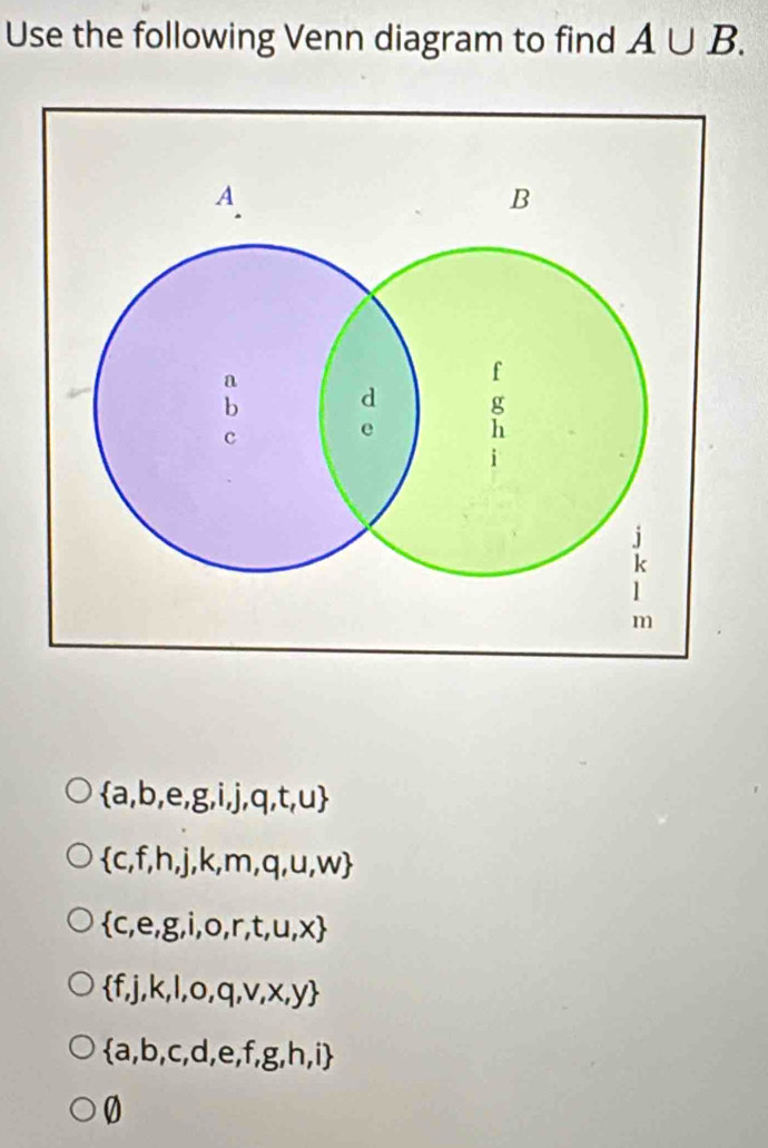 Use the following Venn diagram to find A∪ B.
 a,b,e,g,i,j,q,t,u
 c,f,h,j,k,m,q,u,w
 c,e,g,i,o,r,t,u,x
 f,j,k,l,o,q,v,x,y
 a,b,c,d,e,f,g,h,i
0