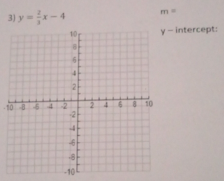 y= 2/3 x-4
m=
- intercept:
- 1