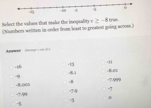 Select the values that make the inequality c≥ -8 true. 
(Numbers written in order from least to greatest going across.) 
Answer Attempt 1 out of 2
-16 -13 -11
-8.1 -8.01
-9
-8
-8.001 -7.999
-7.9 -7
-7.99
0
-3
-5