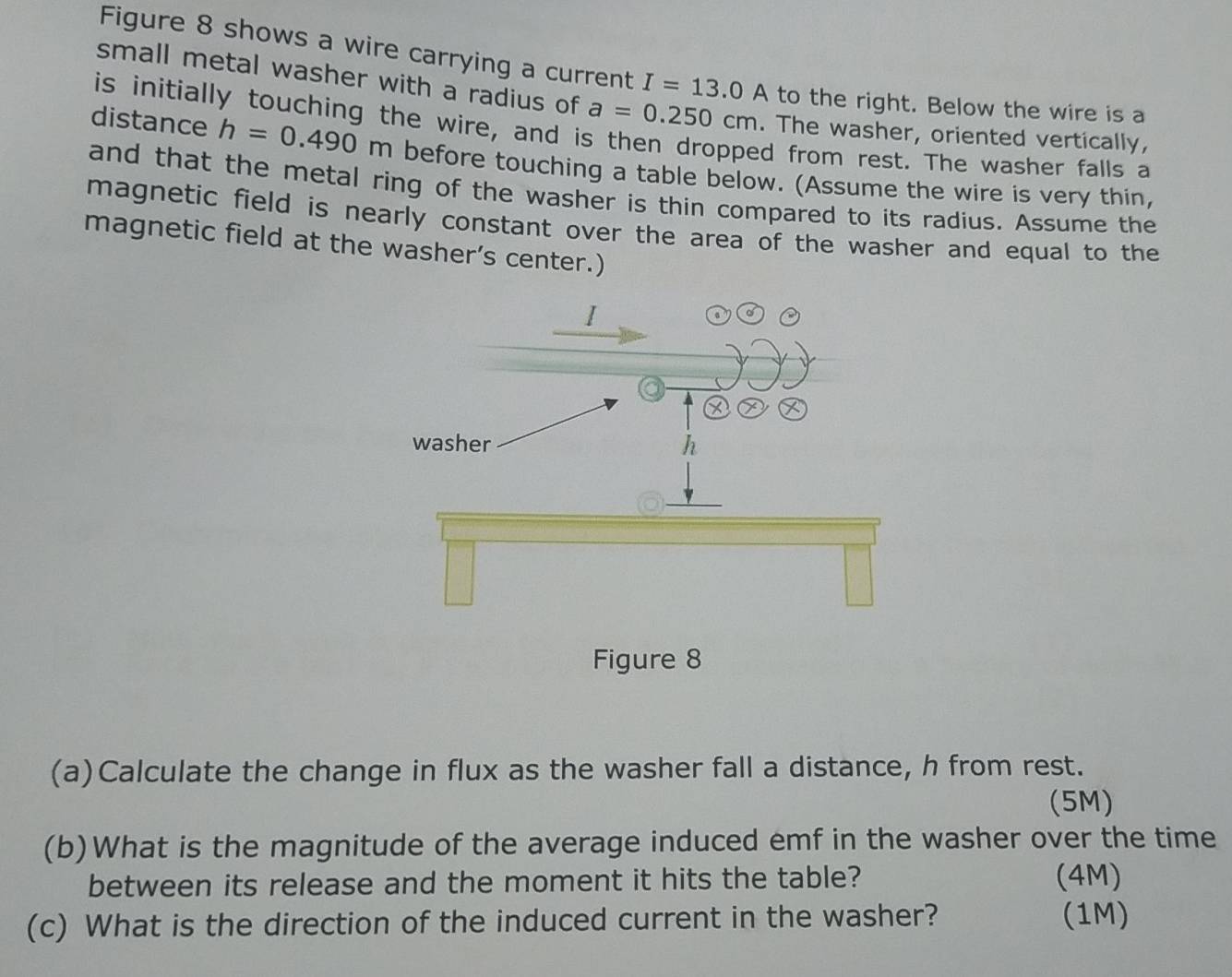 Figure 8 shows a wire carrying a current I=13.0A to the right. Below the wire is a 
small metal washer with a radius of a=0.250cm. The washer, oriented vertically, 
is initially touching the wire, and is then dropped from rest. The washer falls a 
distance h=0.490m before touching a table below. (Assume the wire is very thin, 
and that the metal ring of the washer is thin compared to its radius. Assume the 
magnetic field is nearly constant over the area of the washer and equal to the 
magnetic field at the washer’s center.) 
(a)Calculate the change in flux as the washer fall a distance, h from rest. 
(5M) 
(b)What is the magnitude of the average induced emf in the washer over the time 
between its release and the moment it hits the table? (4M) 
(c) What is the direction of the induced current in the washer? (1M)