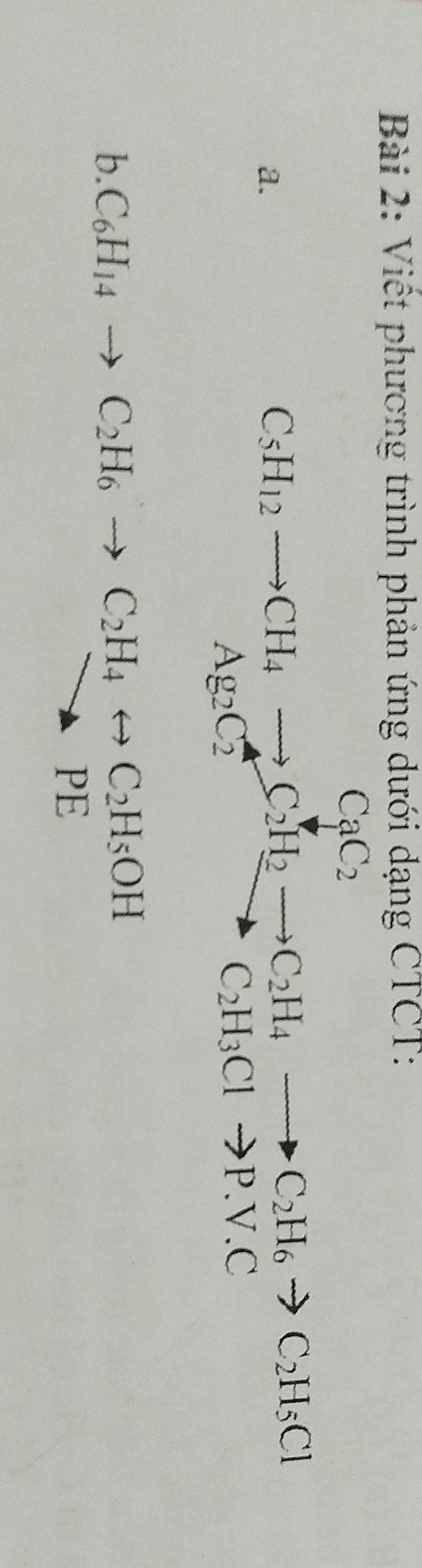 Việt phương trình phản ứng dưới dạng CTCT:
CaC_2
a.
C_5H_12to CH_4to C_2H_2to C_2H_4to C_2H_6to C_2H_5Cl
Ag_2C_2. C_2H_3Clto P.V.C
b. C_6H_14 to C_2H_6to C_2H_4rightarrow C_2H_5OH
PE