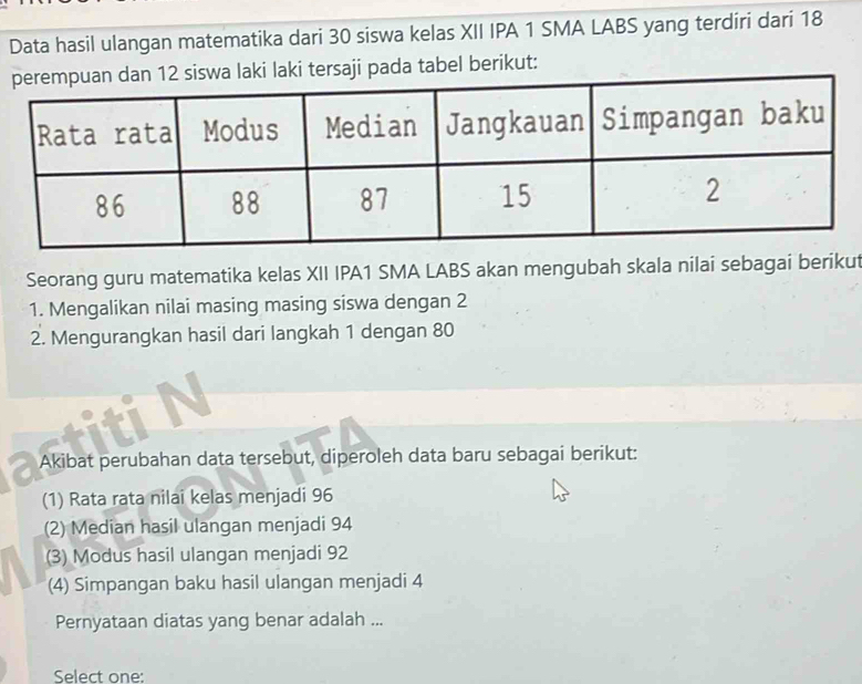 Data hasil ulangan matematika dari 30 siswa kelas XII IPA 1 SMA LABS yang terdiri dari 18
laki tersaji pada tabel berikut: 
Seorang guru matematika kelas XII IPA1 SMA LABS akan mengubah skala nilai sebagai berikut 
1. Mengalikan nilai masing masing siswa dengan 2
2. Mengurangkan hasil dari langkah 1 dengan 80
Akibat perubahan data tersebut, diperoleh data baru sebagai berikut: 
(1) Rata rata nilai kelas menjadi 96
(2) Median hasil ulangan menjadi 94
(3) Modus hasil ulangan menjadi 92
(4) Simpangan baku hasil ulangan menjadi 4
Pernyataan diatas yang benar adalah ... 
Select one: