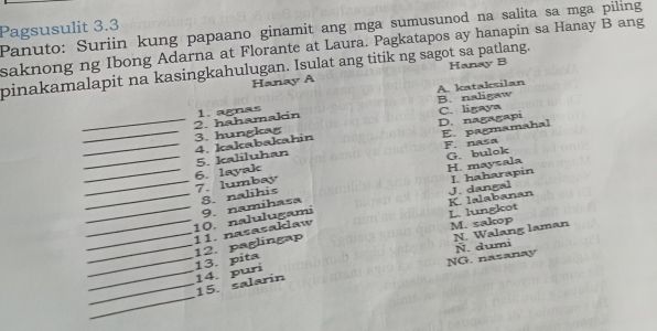 Pagsusulit 3.3
Panuto: Suriin kung papaano ginamit ang mga sumusunod na salita sa mga piling
saknong ng Ibong Adarna at Florante at Laura. Pagkatapos ay hanapin sa Hanay B ang
pinakamalapit na kasingkahulugan. Isulat ang titik ng sagot sa patlang. Hanay B
Hanay A
B. naligaw A. katalesilan
_2. hahamakin 1. agnas C. ligaya
_4. kakabakahin D. nagagapi
_3. hungkag
E. pagmamahal
F. nasa
__6. layak 5. kaliluhan
G. bulok
7. lumbay H. maysala
8. nalihis
__10. nalulugami 9. namihasa K. lalabanan J. dangal I. haharapin
L. lungkot
N. Walang laman
_11. nasasaklaw
M. sakop
___12. paglingap 14. puri 13. pita
NG. nazanay N. dumi
_
_15. salarin