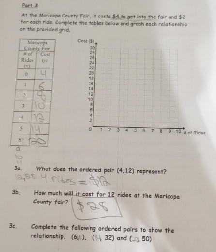 At the Maricopa County Fair, it costs $4 to get into the fair and $2
for each ride. Complete the tables below and graph each relationship
on the provided grid.
 
 
 
 
Rides
3a. What does the ordered pair (4,12) represent?
3b. How much will it cost for 12 rides at the Maricopa
County fair?
3c. Complete the following ordered pairs to show the
relationship. (6,6) ( 32) and ( 50)