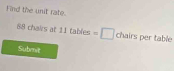 Find the unit rate.
88 chairs at 11tab les  1/4  =□ ch airs per table 
Submit