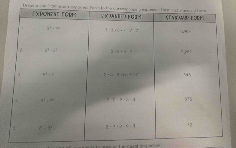 Draw a line from each exponen
ogents to answer the avestions below .