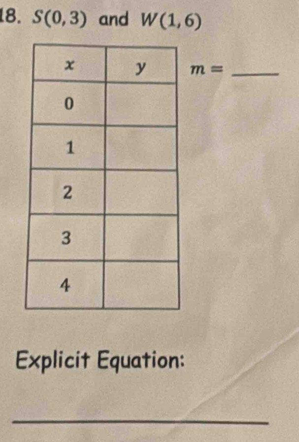 S(0,3) and W(1,6)
m= _ 
Explicit Equation: 
_