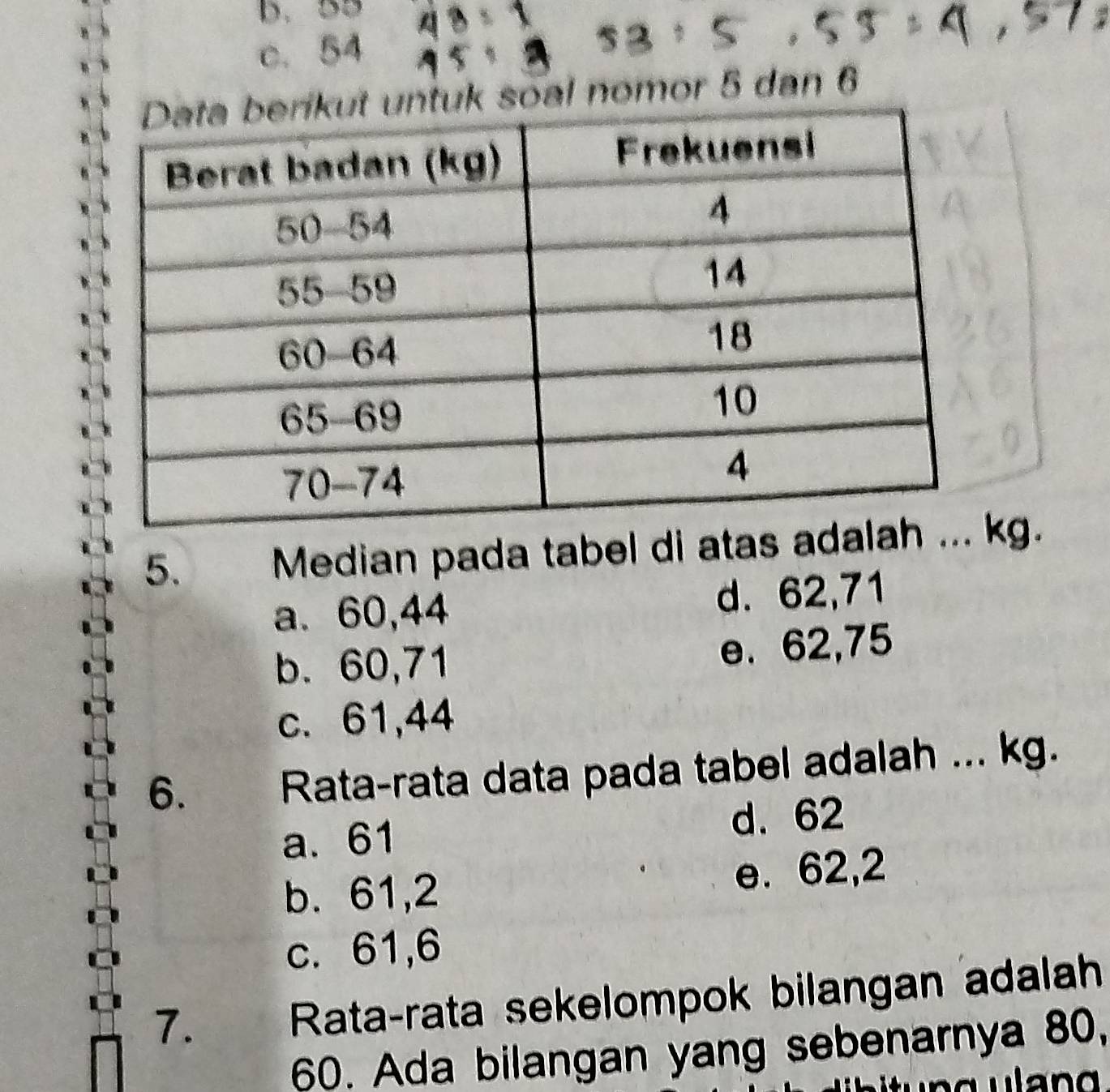 ,55=4,
c. 54
k soal nomor 5 dan 6
5. Median pada tabel di ataskg.
a. 60, 44 d. 62, 71
b. 60, 71 e. 62, 75
c. 61, 44
6.
Rata-rata data pada tabel adalah ... kg.
a. 61 d. 62
b. 61, 2 e. 62, 2
c. 61, 6
7. Rata-rata sekelompok bilangan adalah
60. Ada bilangan yang sebenarnya 80,