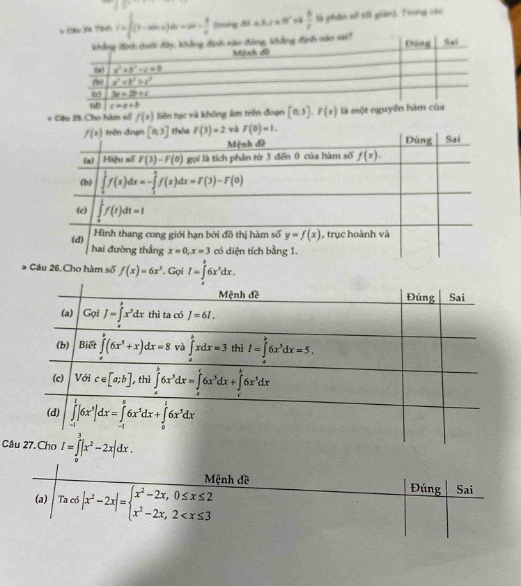 15^2
y=∈t (3-sin x)dx=m- 3/x  3ng 8 KM⊥ N' 6  3/v  l gền st tih giản). Tong cáo
* Cầu 2. Cho hàm số f(x) Biên tục và không âm trên đoạn [0;3].F(x) là một n
Câu 26. Cho hàm số f(x)=6x^5. Gọi I=∈tlimits _a^(b6x^5)dx.
Mệnh đề Đúng Sai
(a) Gọi J=∈tlimits _a^(bx^5)dx thì ta có J=6I.
(b) Biết ∈tlimits _0^(8(6x^5)+x)dx=8 và ∈tlimits _a^(bxdx=3 thì I=∈t 6x^5)dx=5.
(c) Với c∈ [a;b] , thì ∈tlimits _a^(b6x^5)dx=∈tlimits _a^(c6x^5)dx+∈tlimits _c^(b6x^5)dx
(d) ∈tlimits _(-1)^1|6x^5|dx=∈tlimits _(-1)^06x^5dx+∈tlimits _0^(16x^5)dx
Câu 27. Cho I=∈tlimits _0^(3|x^2)-2x|dx.
Mệnh đề Đúng Sai
(a) Ta có |x^2-2x|=beginarrayl x^2-2x,0≤ x≤ 2 x^2-2x,2