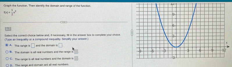 Graph the function. Then identify the domain and range of the function.
f(x)= 1/2 x^2
5
Select the correct choice below and, if necessary, fill in the answer box to complete your choice
(Type an inequality or a compound inequality. Simplify your answer.)
A. The range is □ and the domain is □.
B. The domain is all real numbers and the range is □.
C. The range is all real numbers and the domain is □.
D. The range and domain are all real numbers.