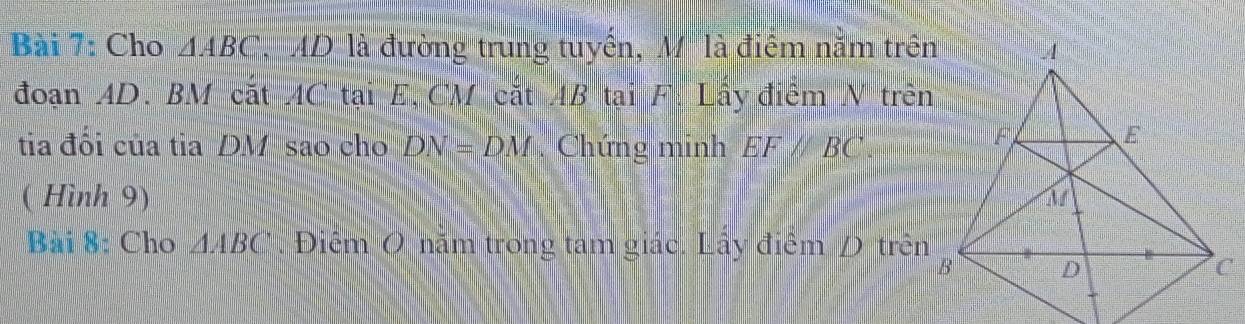 Cho △ ABC MD là đường trung tuyển, M' là điểm năm trên 
đoạn AD. BM cắt AC tại E, CM cắt AB tại F. Lấy điểm N trên 
tia đối của tia DM sao cho DN=DM.Chứng minh EF//BC. 
( Hình 9) 
Bài 8: Cho △ ABC. Điểm 0 năm trong tam giác. Lấy điểm D trên