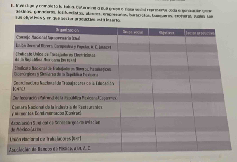 Investiga y completa la tablo. Determina a qué grupo o clase social representa cada organización (com- 
pesinos, ganaderos, latifundistas, obreros, empresarios, burócratas, banqueros, etcétera), cudles san 
sus objetivos y en qué sector productivo estó inserta.