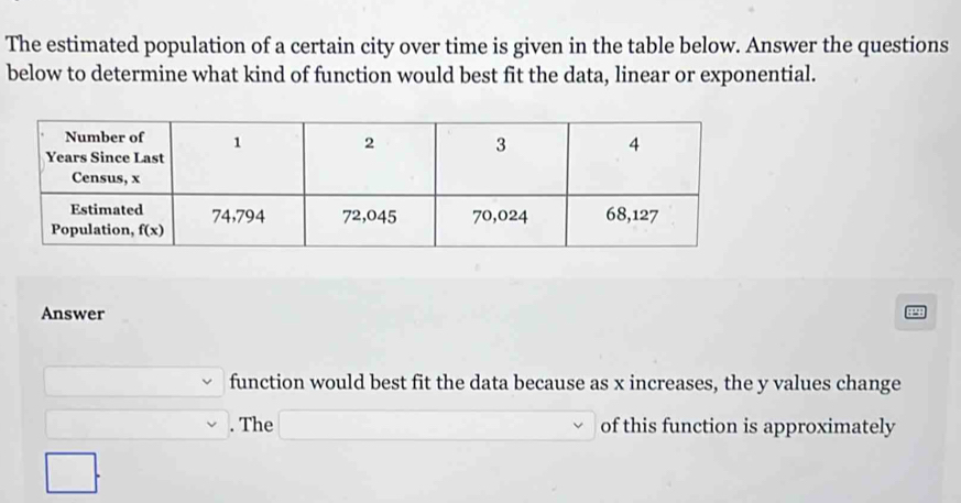 Solved: The estimated population of a certain city over time is given ...