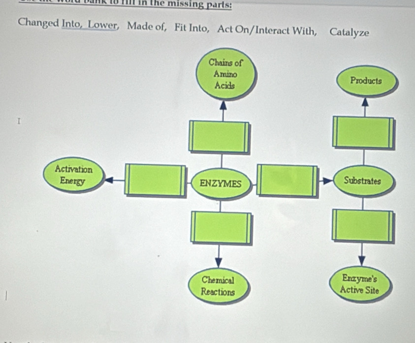 lk to fill in the missing parts: 
Changed Into,_Lower, Made of, Fit Into, Act On/Interact With, Catalyze