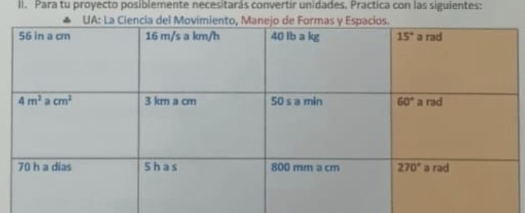 Para tu proyecto posiblemente necesitarás convertir unidades, Practica con las siguientes: