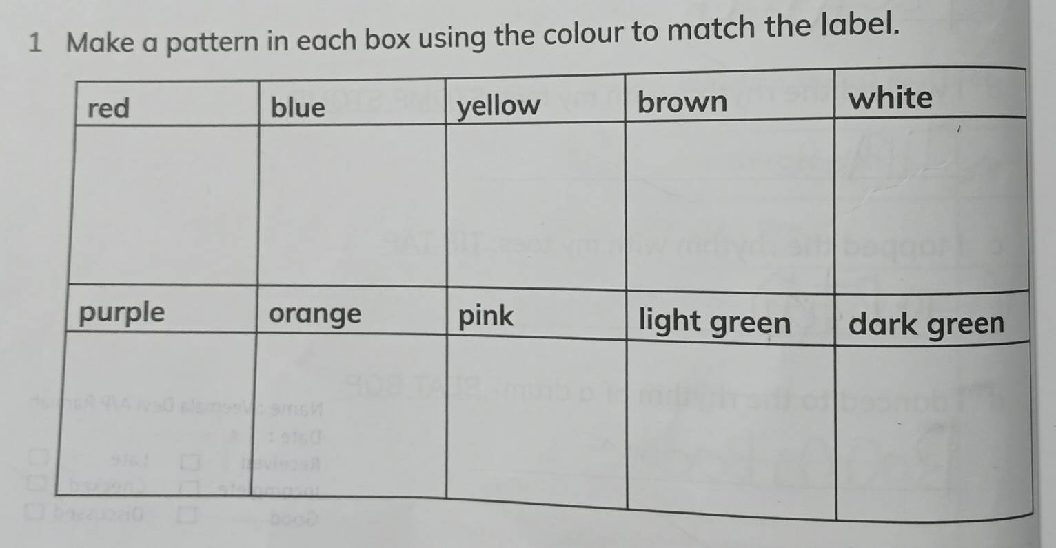 Make a pattern in each box using the colour to match the label.