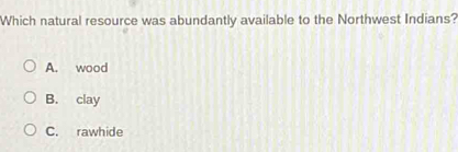 Which natural resource was abundantly available to the Northwest Indians?
A. wood
B. clay
C. rawhide