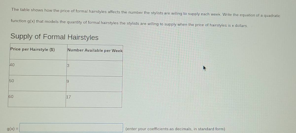 The table shows how the price of formal hairstyles affects the number the stylists are willing to supply each week. Write the equation of a quadratic 
function g(x) that models the quantity of formal hairstyles the stylists are willing to supply when the price of hairstyles is x dollars. 
Supply of Formal Hairstyles
g(x)=□ (enter your coefficients as decimals, in standard form)