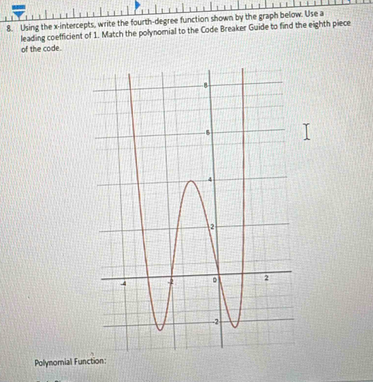 Using the x-intercepts, write the fourth-degree function shown by the graph below. Use a 
leading coefficient of 1. Match the polynomial to the Code Breaker Guide to find the eighth piece 
of the code. 
Polynomial Function: