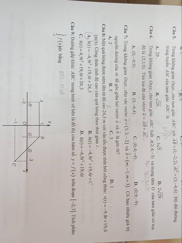 5 .
Câu 5. Trong không gian Oxyz , cho tam giác ABC yới vector AB=(1;-2;2),vector AC=(3;-4;6). Độ dài đường
trung tuyến AM của tam giác ABC là C
A. 29 . B. sqrt(29). C. 3sqrt(5). D. 2sqrt(29).
Câu 6. Trong không gian Oxyz , cho tam giác ABC biết A(2;4;-3) và trọng tâm G của tam giác có toạ
độ là (2;1;0).  Tìm tọa độ của véctơ vector u=vector AB+vector AC.
A. (0;-9;9). B. (0;-4;4). C. (0;4;-4). D. (0;9;-9).
Câu 7: Trong không gian Oxyz , cho các vectơ overline a=(5;3;-2) và vector b=(m;-1;m+3). Có bao nhiêu giá trị
nguyên dương của m đề góc giữa hai vectơ vector a và vector b là góc tù?
A. 2 B. 5 C. 3 D. 1
Câu 8: Một quả bóng được ném lên từ độ cao 24,5 m với vận tốc được tính bởi công thức: v(t)=-9,8t+19,6
(m/s). Công thức tính độ cao của quả bóng theo thời gian / .
A. h(t)=-4,9t^2+19,6t+24,5 B. h(t)=-4,9t^2+19,6t+C
C. h(t)=4,9t^2+19,6t+24,5 D. h(t)=-4,9t^2+19,6t
Câu 9: Đường gấp khúc ABC trong hình vẽ bên là đồ thị của hàm số y=f(x) trên đoạn [-2;3] Tích phân
∈tlimits _(-2)^3f(x)dx bằng