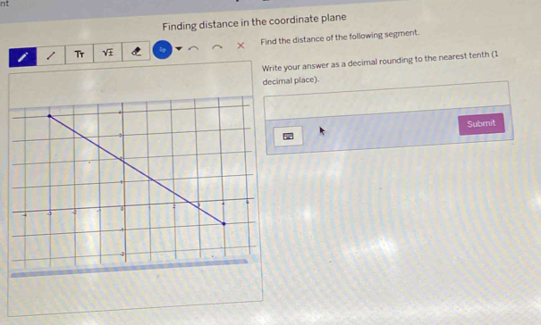 nt 
Finding distance in the coordinate plane 
Find the distance of the following segment. 
i 1 Tr 
Write your answer as a decimal rounding to the nearest tenth (1 
decimal place) 
Submit