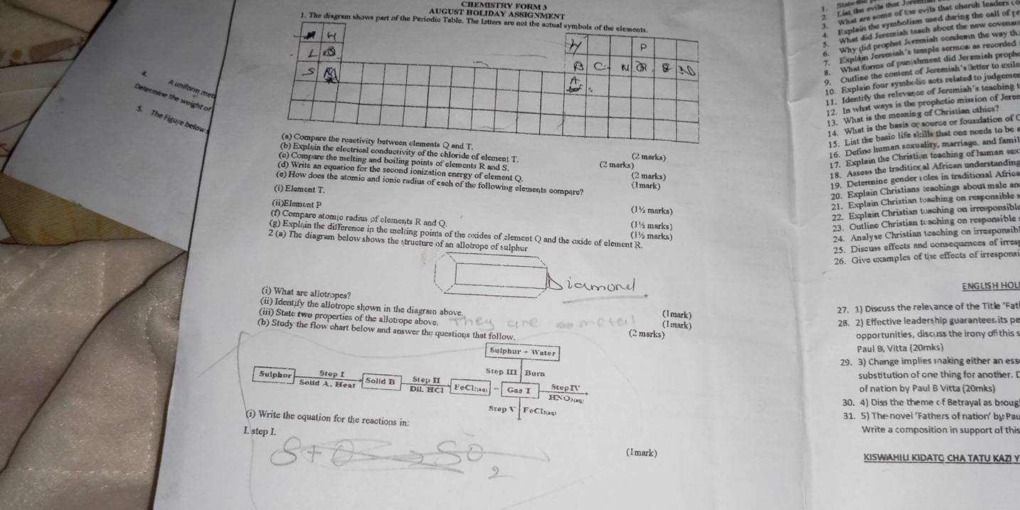 CHEMSTRY FORM 3
AUGUST HOLIDAY ASSIGNMENT
What are some of the evils that charch leaders co
1. The diagram shows part of the Periodic Table. The l
Explain the symbolism used during the call of t 
. What did Jeremiah teach about the new covenar
6. Why did prophet Joremish condem the way th
7. Explain Jeremiah's temple sermos as recorded
8. What forms of punishment did Jeramish prophe
O  Outlize the conent of Jeremiah's letter to exile
A uniforn met
10. Explain four symbolic acts related to judgemer
11. Identify the relevance of Jeremiah’s teaching t
Determine the weight of
2. In what ways is the prophetic mission of Jeren
13. What is the meaning of Christian uthics?
5. The Figuye below
14. What is the basis of source or foundation of C
15. List the basic life skills that one needs to be a
(2 marks)
16. Definc human sexuality, marriage, and famil
the electrical conductivity of the chloride of element T. (2 marks)
(c) Compare the melting and boiling points of elements R and S
17. Explain the Christian teaching of haman sex
(d) Write an equation for the second ionization energy of element Q (2 marks)
18. Assess the traditior al African understanding
(e) How does the atomic and ionic radius of each of the following elements compare? (1mark)
19. Determine gender 10les in traditional Afrios
20. Explain Christians teachings about male an
(i) Element T. (1½ marks)
(ii)Elemont P
21. Explain Christian toaching on responsible s
22. Explain Christian toaching on irresponsible
(f) Compare atomic radius of elements R and Q. (1½ marks) (1½ marks)
23. Outlise Christian teaching on responsible
(g) Explain the difference in the melting points of the oxides of element Q and the oxide of element R
24. Analyse Christian teaching on irresponsib
2 (a) The diagram below shows the structure of an allotrope of sulphur
25. Discuss effects and consequences of irres
26. Give examples of the effects of irresponsi
ENGLISH HOL
(i) What are allotropes?
(ii) Identify the allotrope shown in the diagrai above. (1mark) (1mark)
27. 1) Discuss the relevance of the Title ‘Fat
28. 2) Effective leadership guarantees its pe
(iii) State two properties of the allotrope above. (2 marks)
(b) Study the flow chart below and answer the questions that follow.
opportunities, discuss the irony of this s
Sulphur - Water
Paul B, Vitta (20mks)
29. 3) Change implies making either an ess
Step III Burn
substitution of one thing for another. D
Sulpho Solid A. Heat
Solid B Dil. HCl
Step I Step II FeCl:(4q) - Gas T HNO)(
Step IV of nation by Paul B Vitta (20mks)
30. 4) Dis the theme of Betrayal as broug
Step V FeChas
(i) Write the equation for the reactions in:
31. 5) The novel ‘Fathers of nation' by Pau
L step I.
Write a composition in support of this
(1mark) KISWAHILI KIDATO CHA TATU KAZI Y