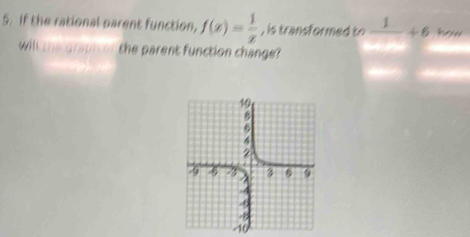 If the rational parent function, f(x)= 1/x  , is transformed to frac 1+6 b w 
will the graph or the parent function change
40