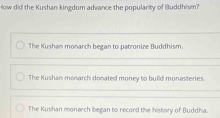 How did the Kushan kingdom advance the popularity of Buddhism?
The Kushan monarch began to patronize Buddhism.
The Kushan monarch donated money to build monasteries.
The Kushan monarch began to record the history of Buddha.