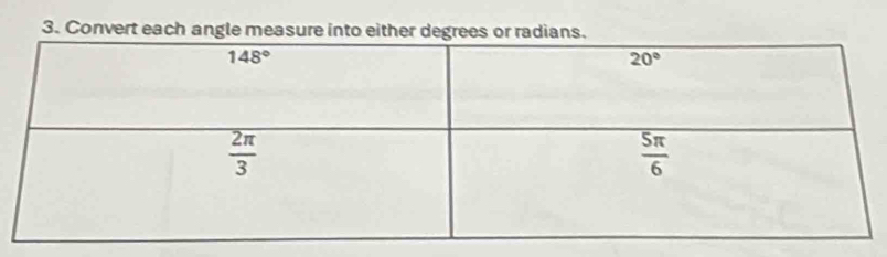 Convert each angle measure into either degrees or radians.