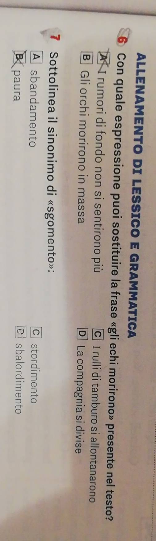 ALLENAMENTO DI LESSICO E GRAMMATICA
6 Con quale espressione puoi sostituire la frase «gli echi morirono» presente nel testo?
A] I rumori di fondo non si sentirono più © I rulli di tamburo si allontanarono
B Gli orchi morirono in massa D La compagnia si divise
7 Sottolinea il sinonimo di «sgomento»:
A sbandamento C stordimento
B paura
D sbalordimento