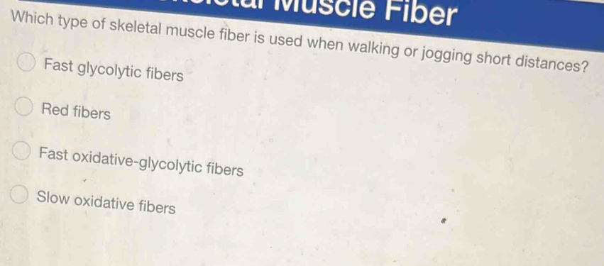 ur Müscie Fiber
Which type of skeletal muscle fiber is used when walking or jogging short distances?
Fast glycolytic fibers
Red fibers
Fast oxidative-glycolytic fibers
Slow oxidative fibers